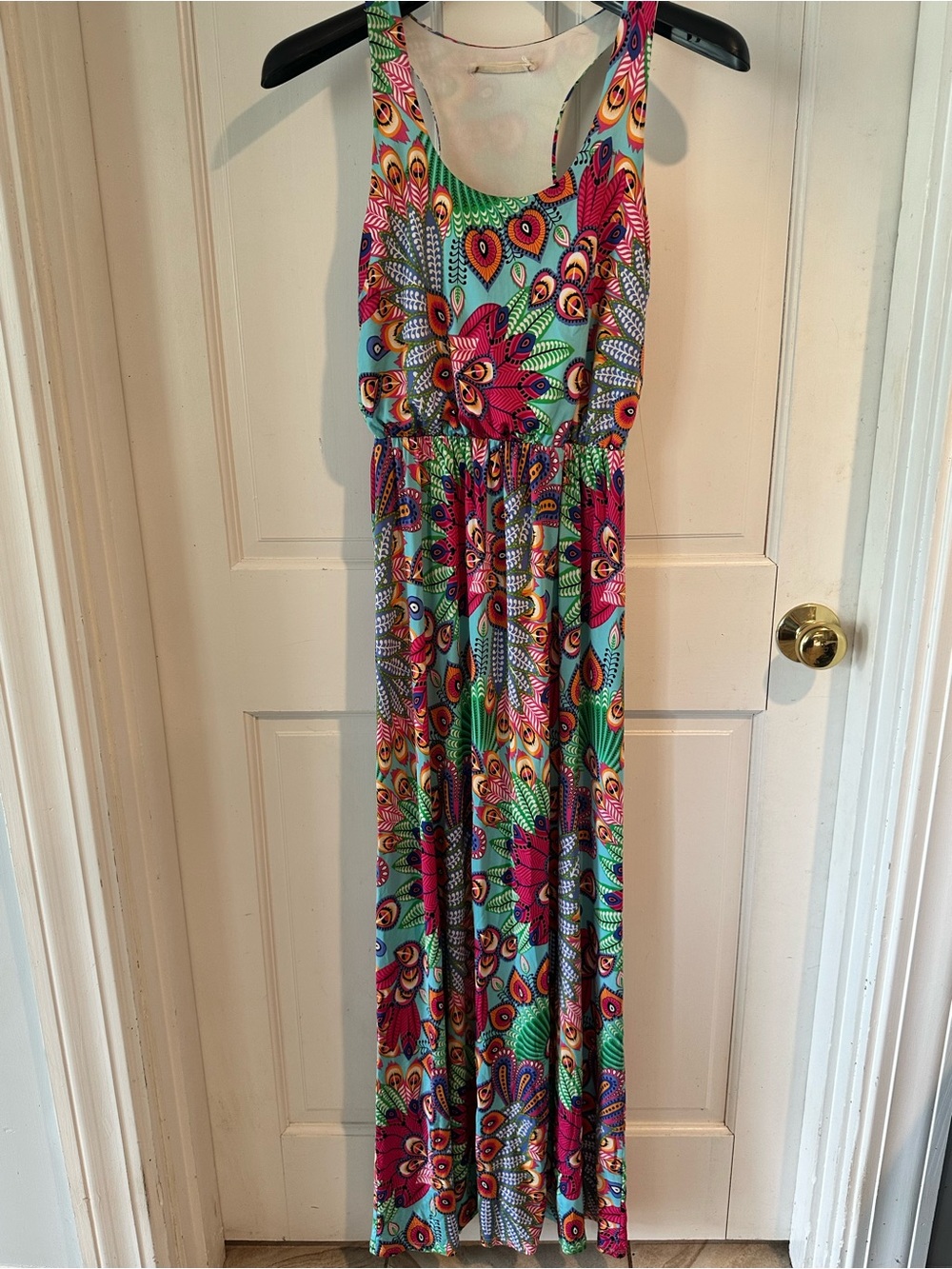 Sleeveless Floral Print Maxi Dress in Turquoise and Pink